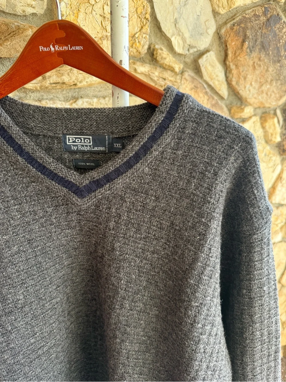 Vintage Polo Ralph Lauren XXL 100% Wool Gray V-Neck Sweater Navy Trim